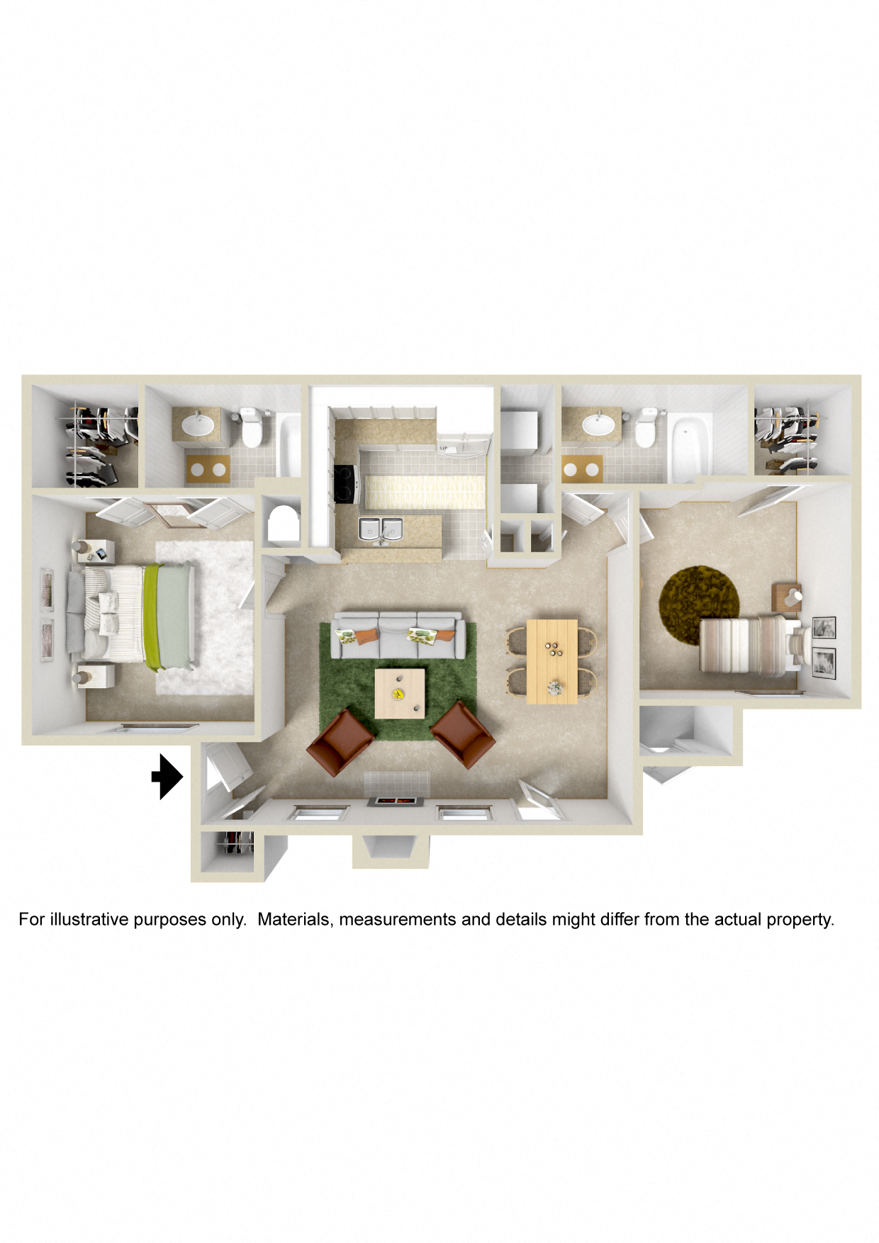 Floor plan for 2 beds, 2 baths, 1050 sqft